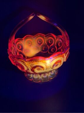 Vintage L.E smith Moon & Stars Ruby
Yellow Amberina Glass Basket Candy Dish